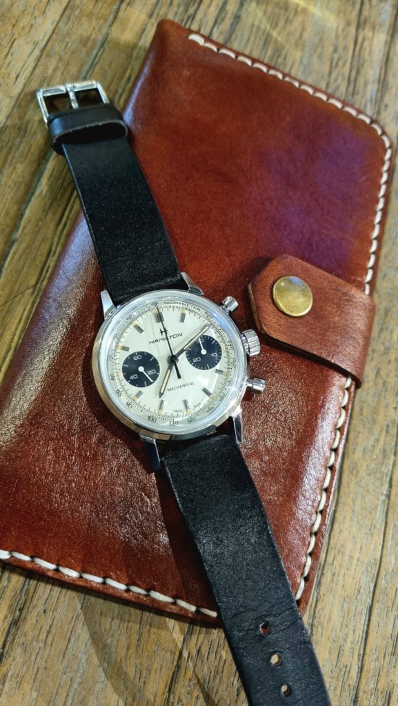 Black Leather Watch Strap on Hamilton Intra-Matic Chronograph H and Leather Purse